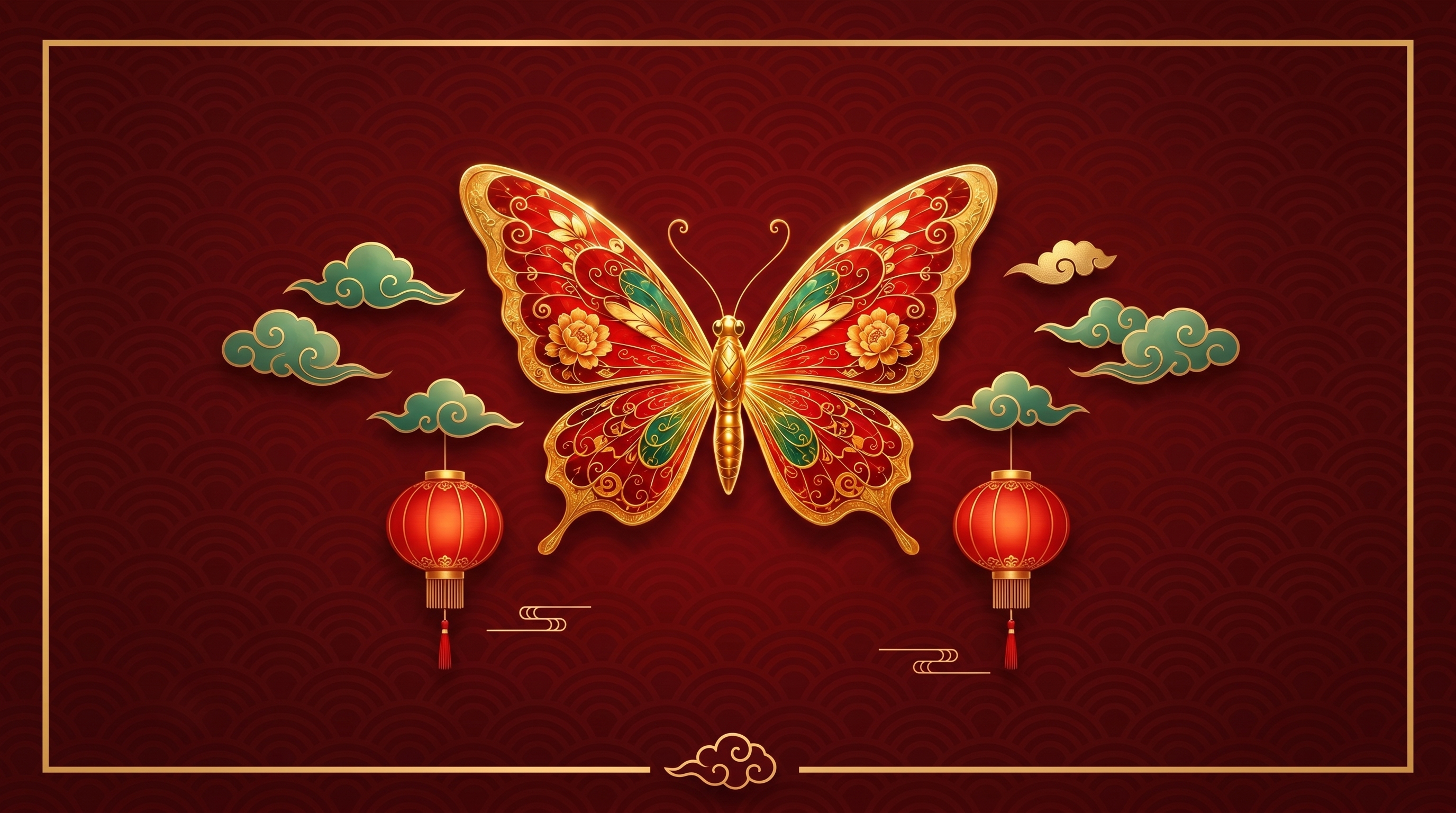 Red and gold butterfly artwork with lanterns and clouds