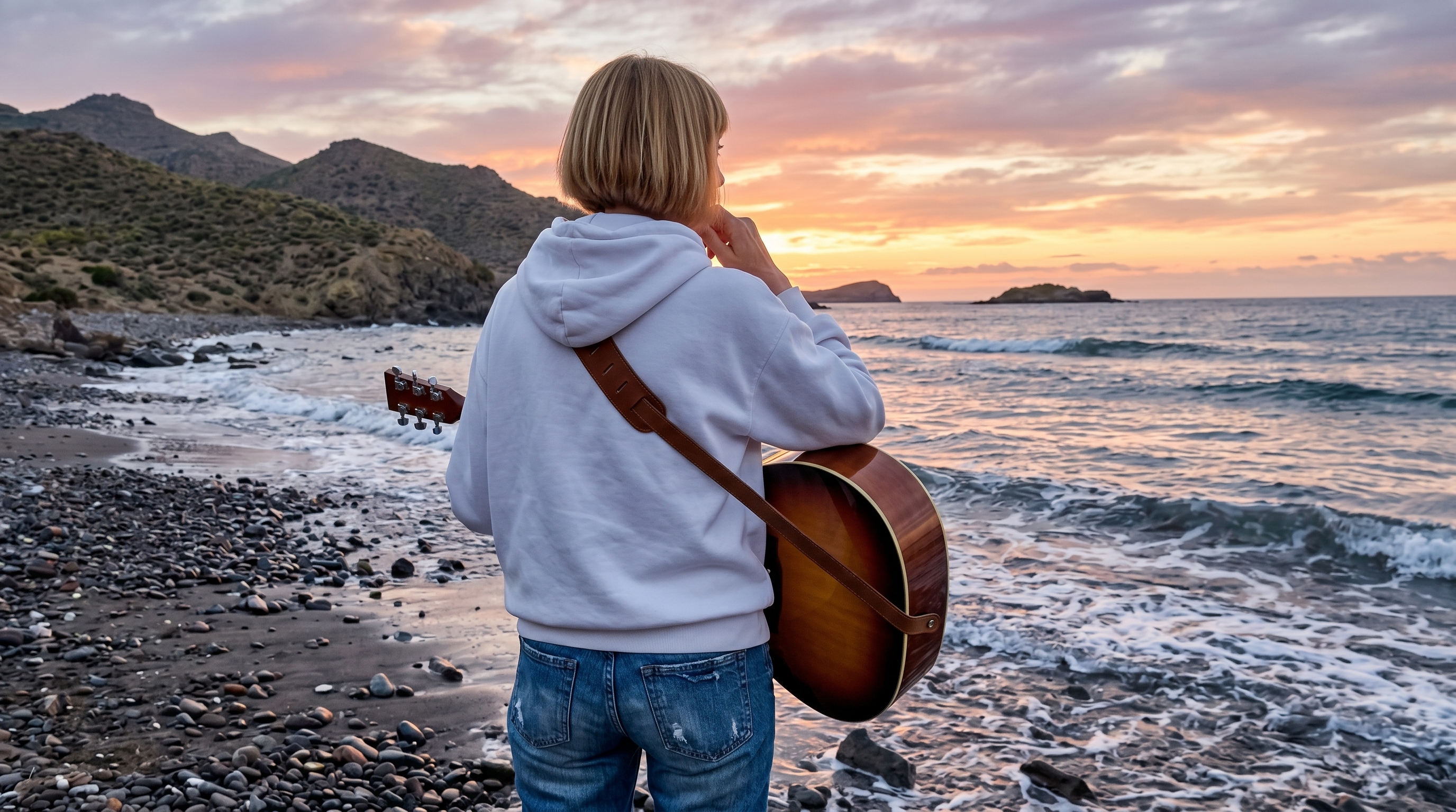 Woman with acoustic guitar standing by the sea at sunset